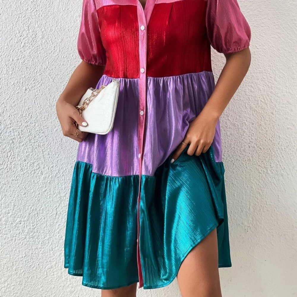 Multicolor Womens colorblock metallic button down shirt Dress - Picture 5 of 8